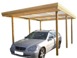 Hat lábas nyitott oldalú kocsibeálló lapos tetővel